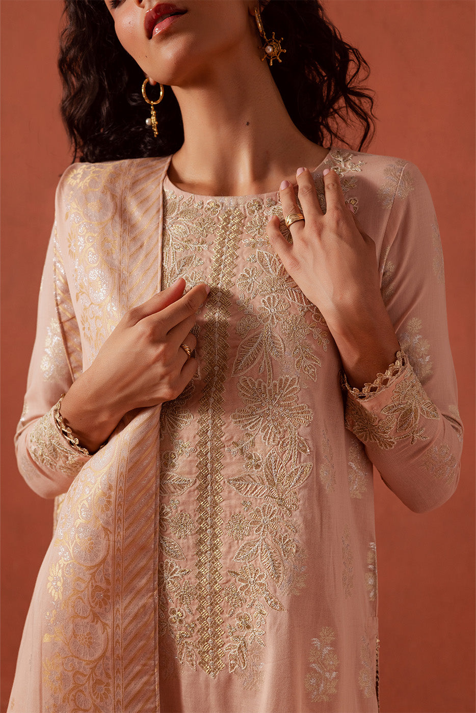 3 PIECE EMBROIDERED LUREX JACQUARAD SUIT-BLUSH MELLOW
