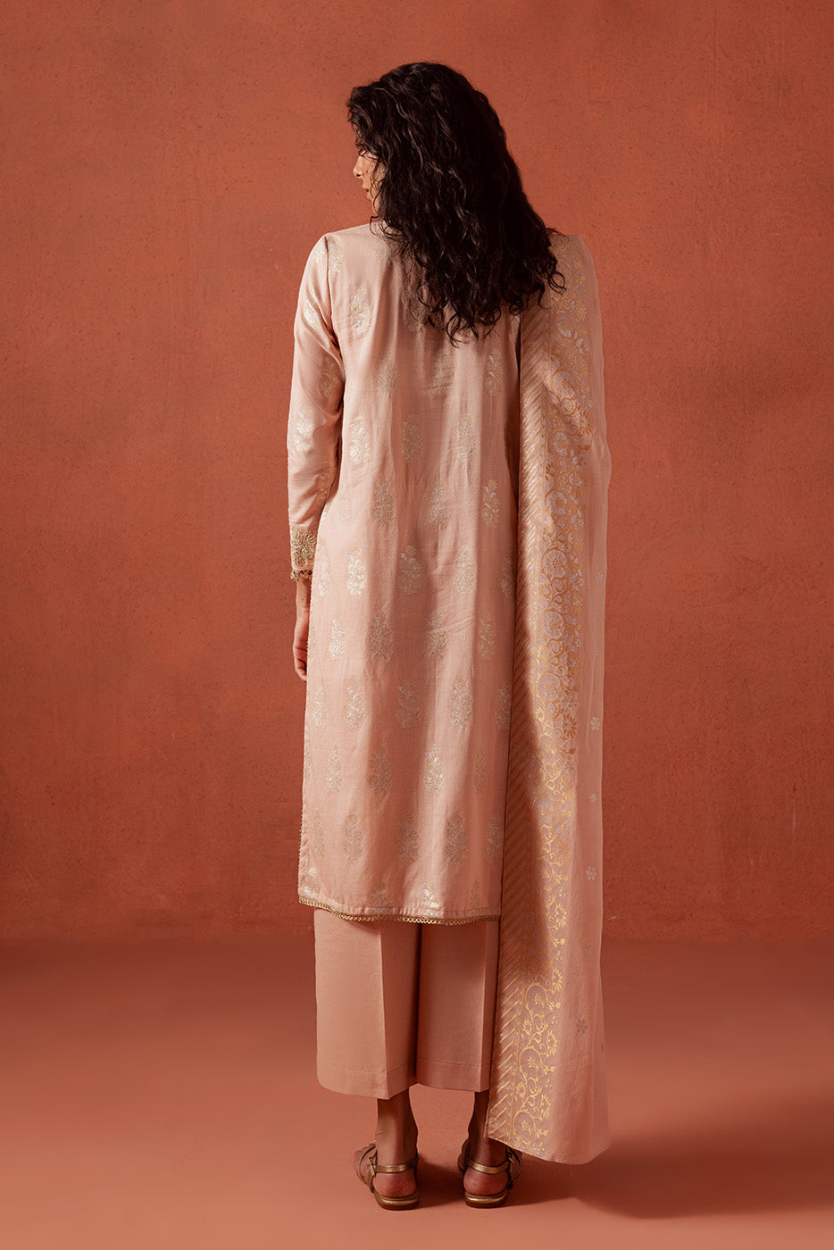 3 PIECE EMBROIDERED LUREX JACQUARAD SUIT-BLUSH MELLOW
