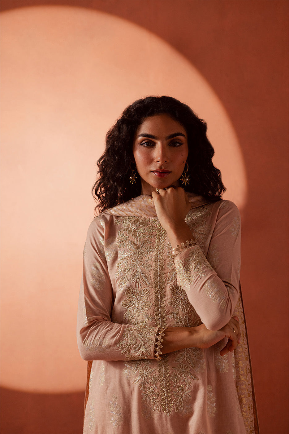 3 PIECE EMBROIDERED LUREX JACQUARAD SUIT-BLUSH MELLOW