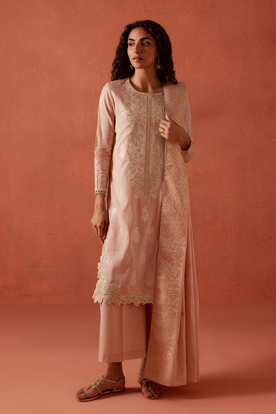 3 PIECE EMBROIDERED LUREX JACQUARAD SUIT-BLUSH MELLOW