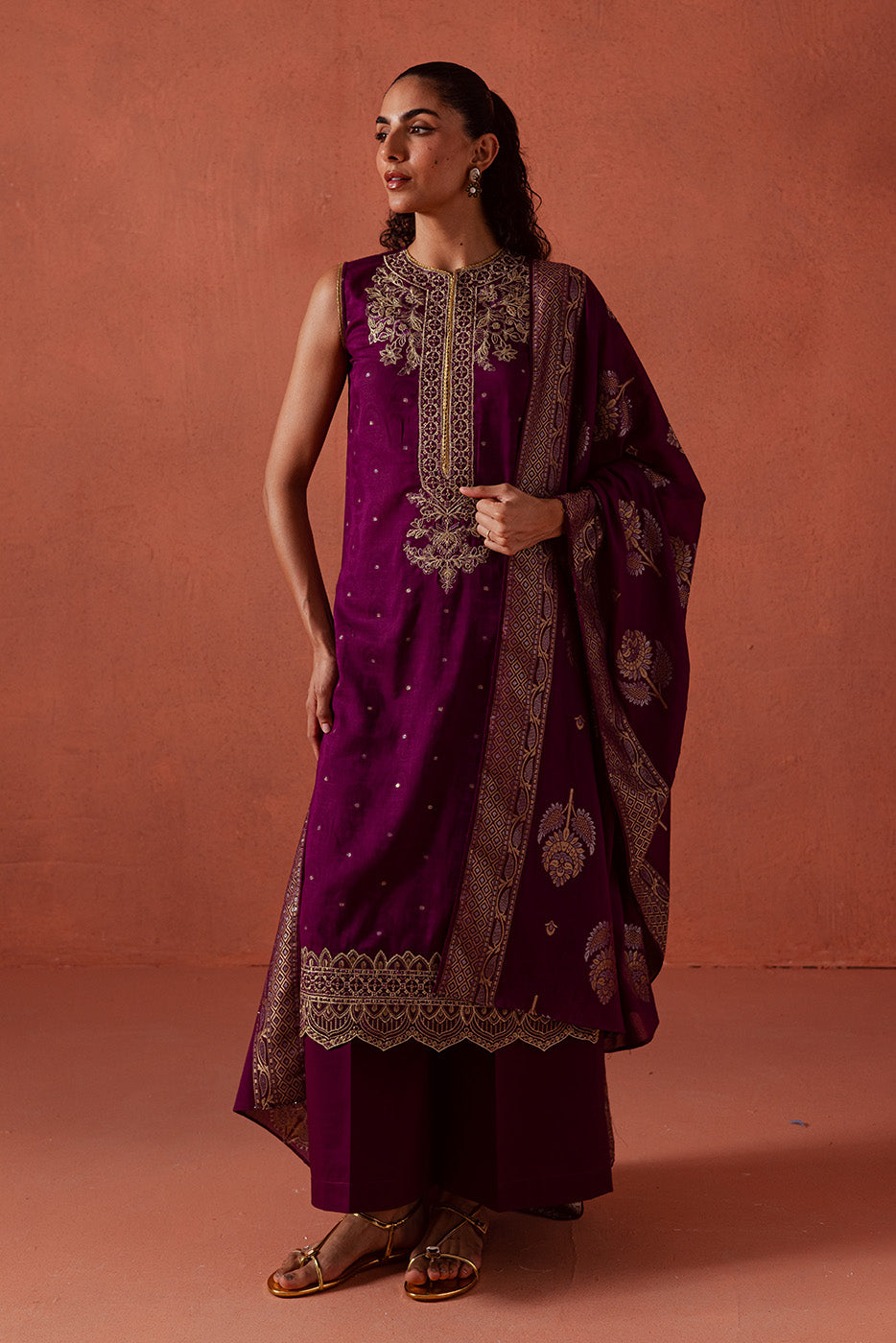 3 PIECE EMBROIDERED LUREX JACQUARAD SUIT-SOLSTICE MOON (UNSTITCHED)