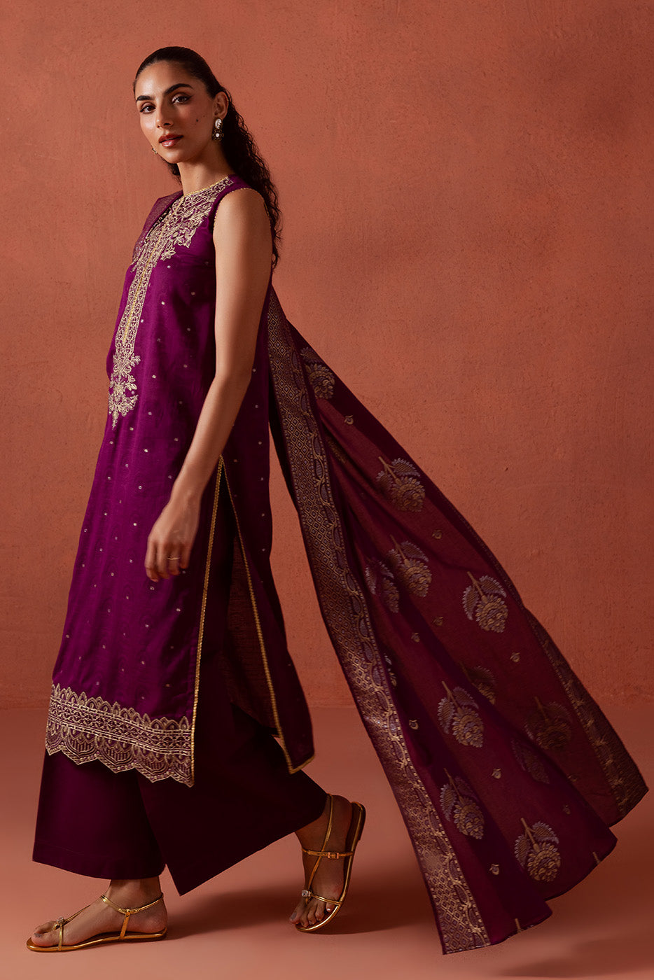3 PIECE EMBROIDERED LUREX JACQUARAD SUIT-SOLSTICE MOON (UNSTITCHED)