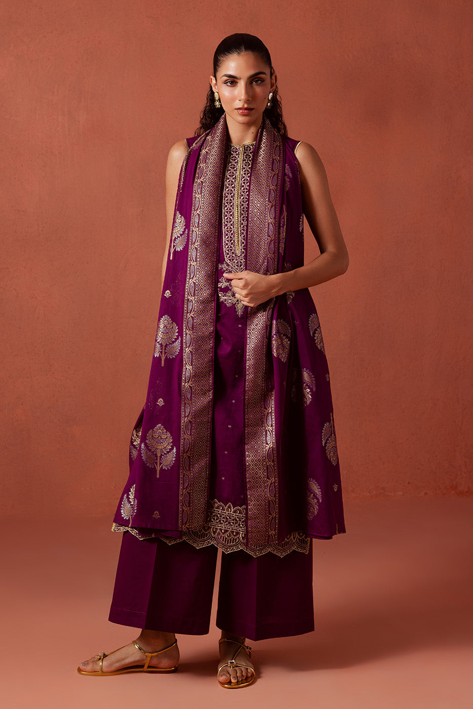3 PIECE EMBROIDERED LUREX JACQUARAD SUIT-SOLSTICE MOON (UNSTITCHED)