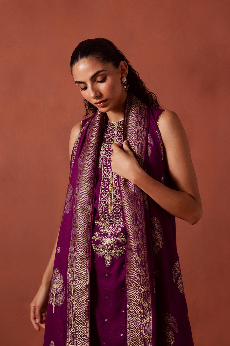 3 PIECE EMBROIDERED LUREX JACQUARAD SUIT-SOLSTICE MOON (UNSTITCHED)