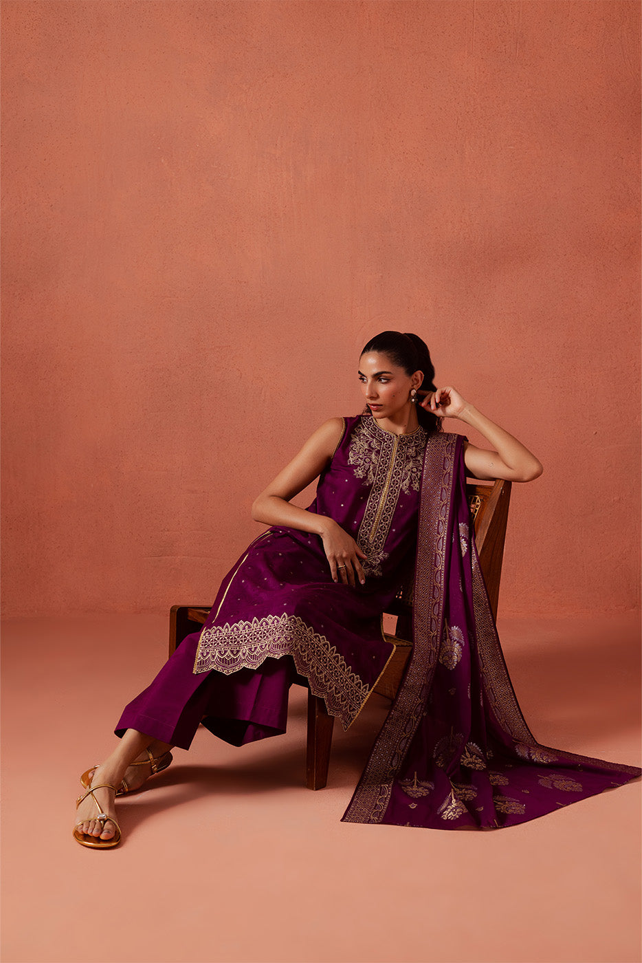 3 PIECE EMBROIDERED LUREX JACQUARAD SUIT-SOLSTICE MOON (UNSTITCHED)