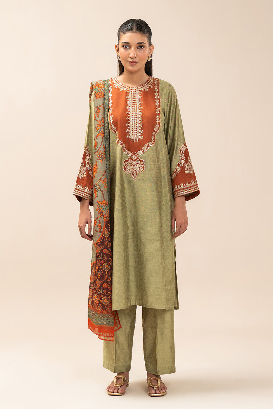 3 PIECE EMBROIDERED TWO TONE MISSOURI SUIT (PRET)