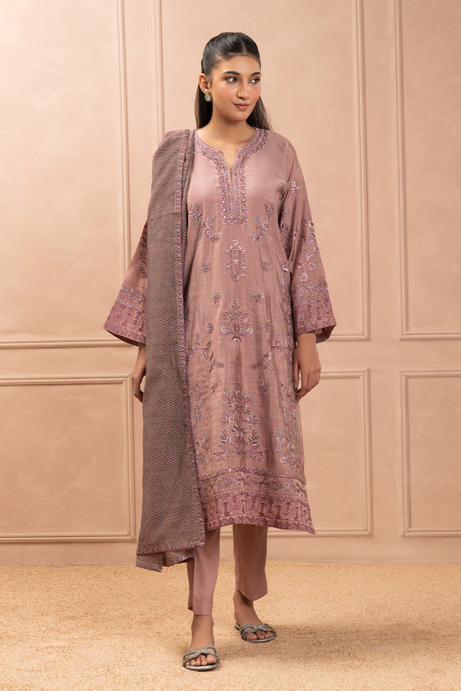 3 PIECE EMBROIDERED GOLD ZARI SUIT (HIGH CASUAL)