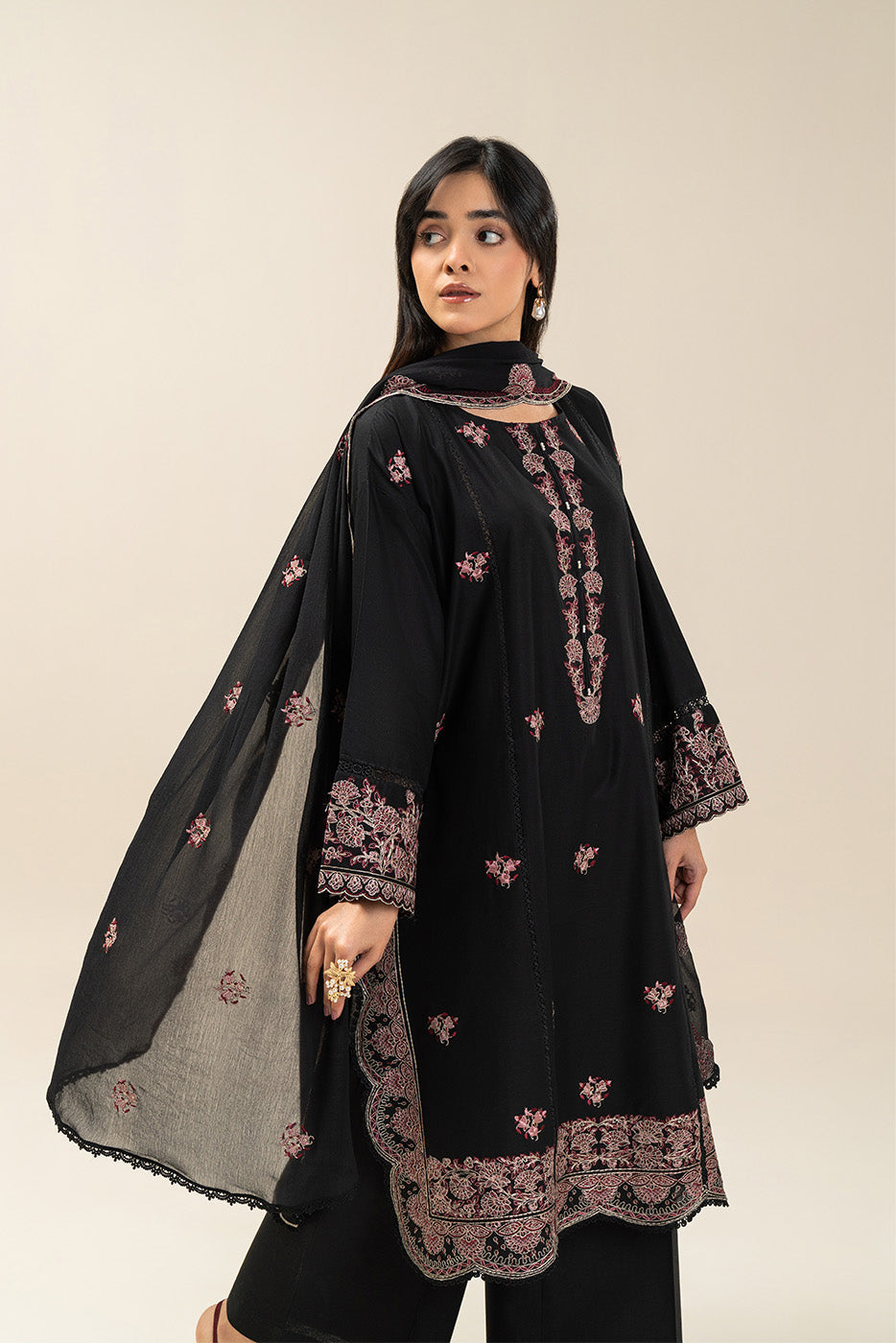 3 Piece Embroidered Lawn Suit-Deep Espresso (Unstitched)