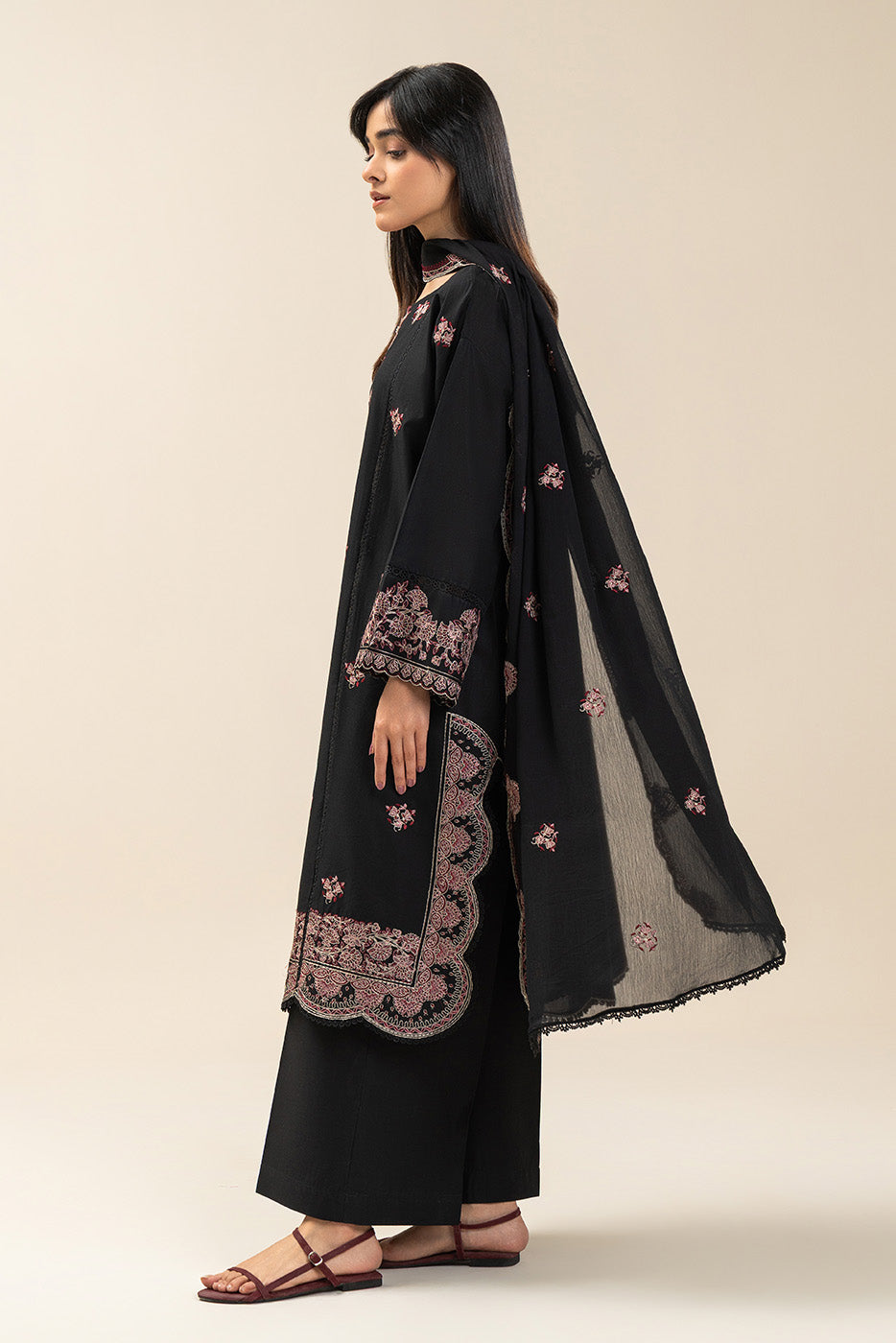 3 Piece Embroidered Lawn Suit-Deep Espresso (Unstitched)