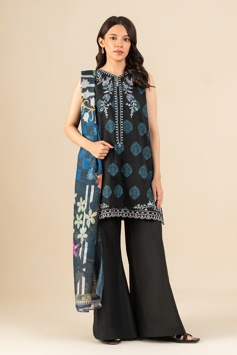 3 PIECE EMBROIDERED REVERSE JACQUARD SUIT-EBONY FLORENCE (UNSTITCHED)