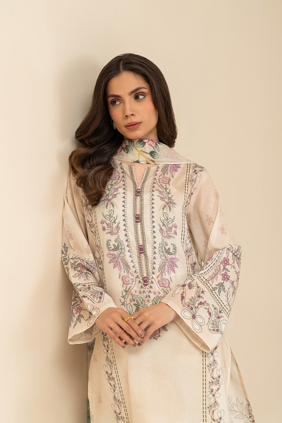 3 PIECE PRINTED LAWN SUIT-IVORY WHISPER (UNSTITCHED)