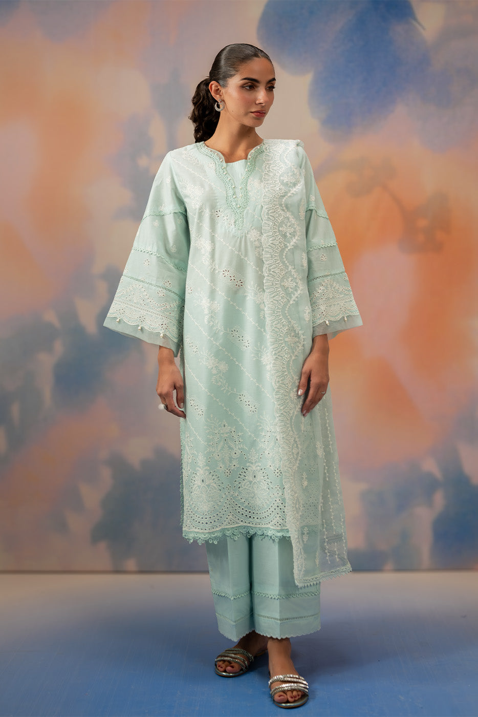 3 PIECE EMBROIDERED CHIKANKARI SUIT WITH BAMBER DUPATTA-AZURE MIST (UNSTITCHED)