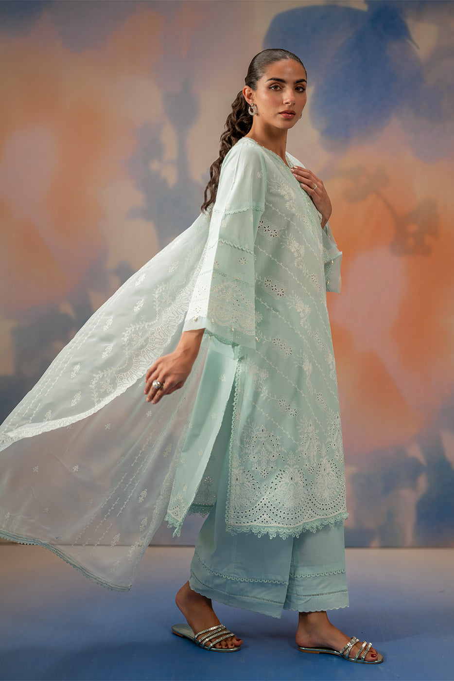 3 PIECE EMBROIDERED CHIKANKARI SUIT WITH BAMBER DUPATTA-AZURE MIST (UNSTITCHED)