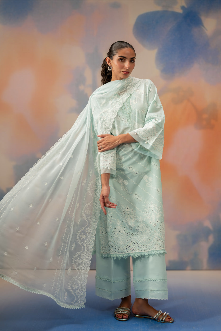 3 PIECE EMBROIDERED CHIKANKARI SUIT WITH BAMBER DUPATTA-AZURE MIST (UNSTITCHED)