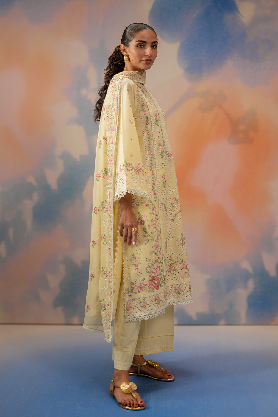 3 PIECE EMBROIDERED CHIKANKARI SUIT WITH BAMBER DUPATTA-FLORAL WHISPER (UNSTITCHED)
