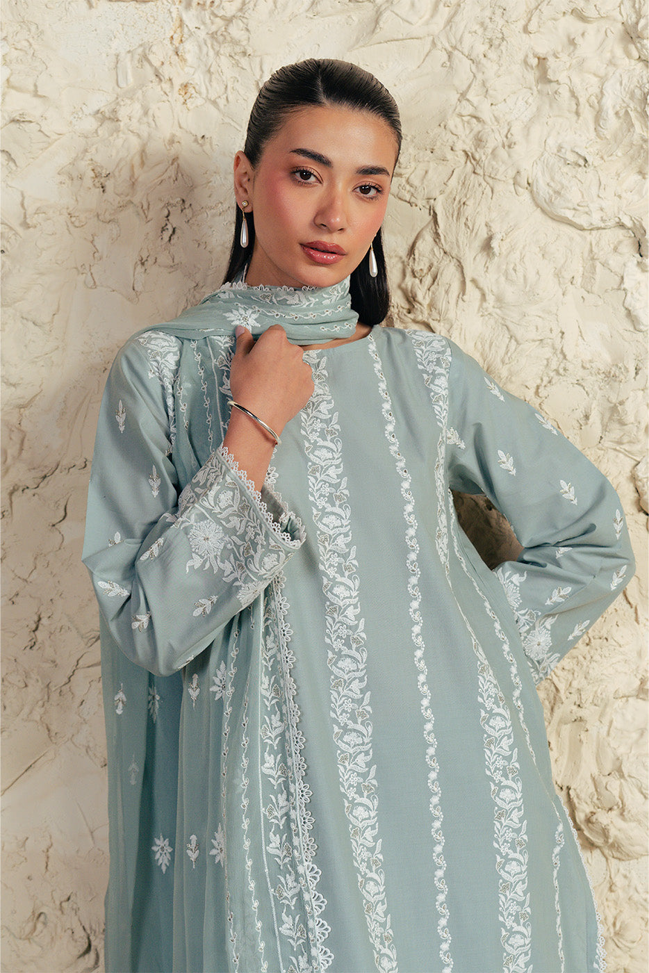 3 PIECE EMBROIDERED LAWN SUIT WITH BAMBER CHIFFON DUPATTA-MISTY JADE (UNSTITCHED)