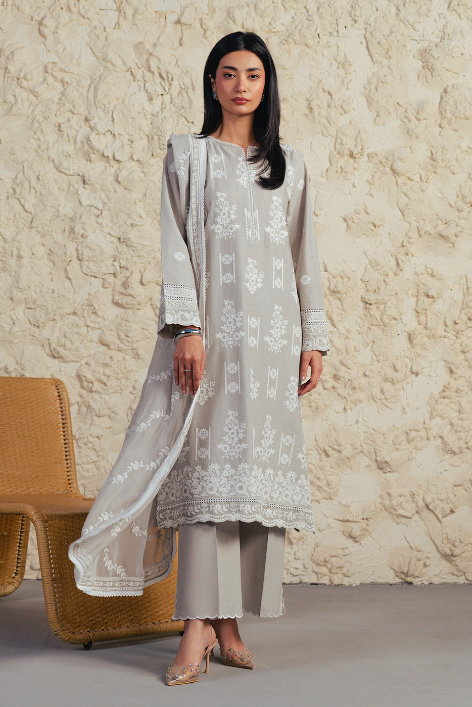 3 PIECE EMBROIDERED SUIT WITH BAMBER CHIFFON DUPATTA-GREY GRANITE (UNSTITCHED)