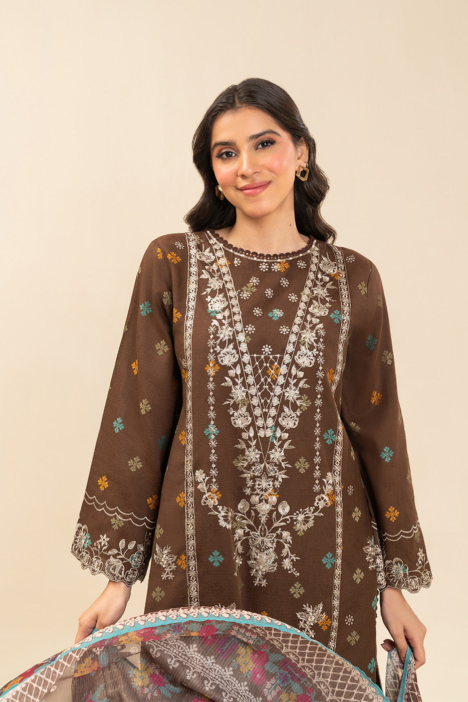3 PIECE EMBROIDERED JACQUARD SUIT-RUSTIC BRONZE (UNSTITCHED)