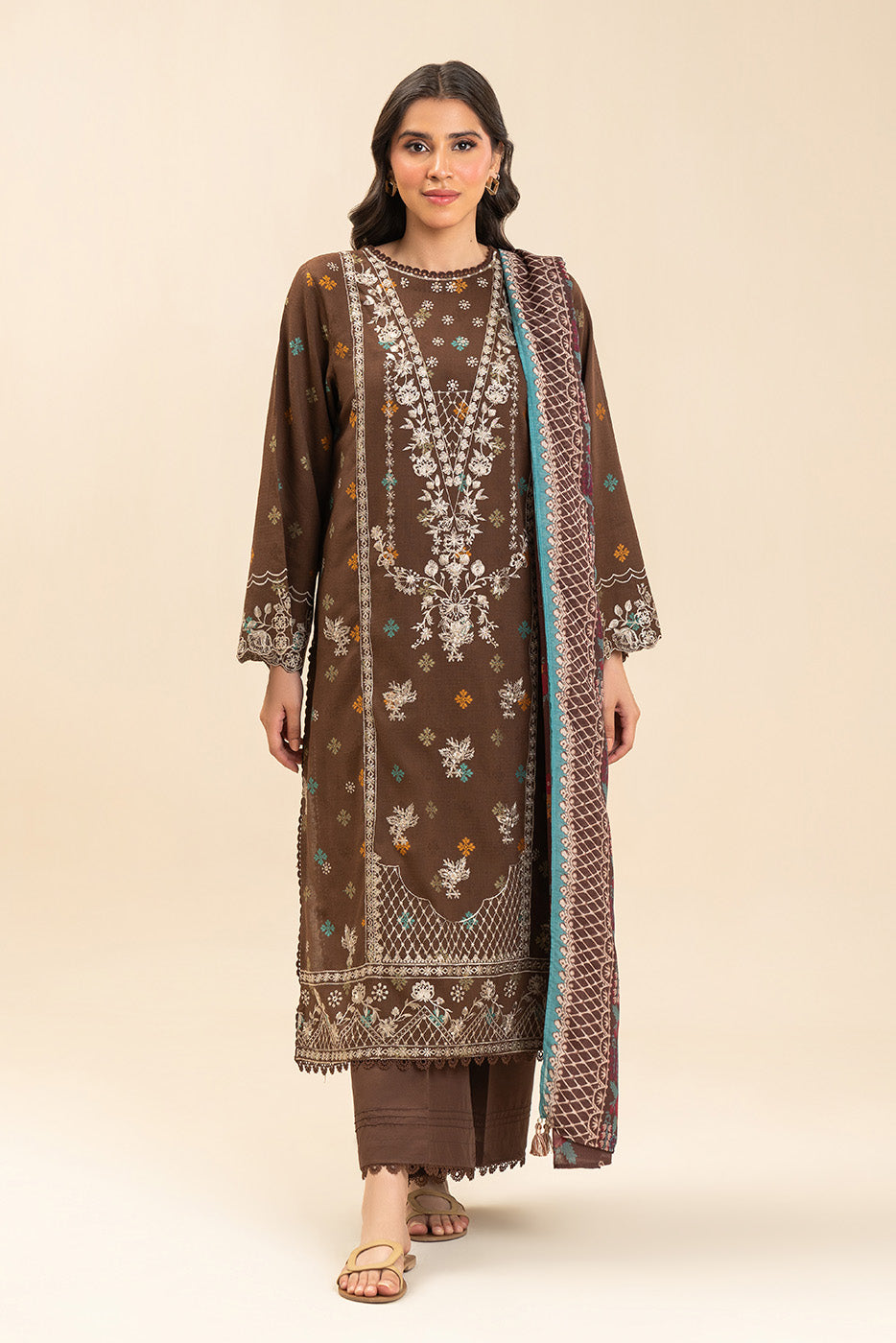 3 PIECE EMBROIDERED JACQUARD SUIT-RUSTIC BRONZE (UNSTITCHED)