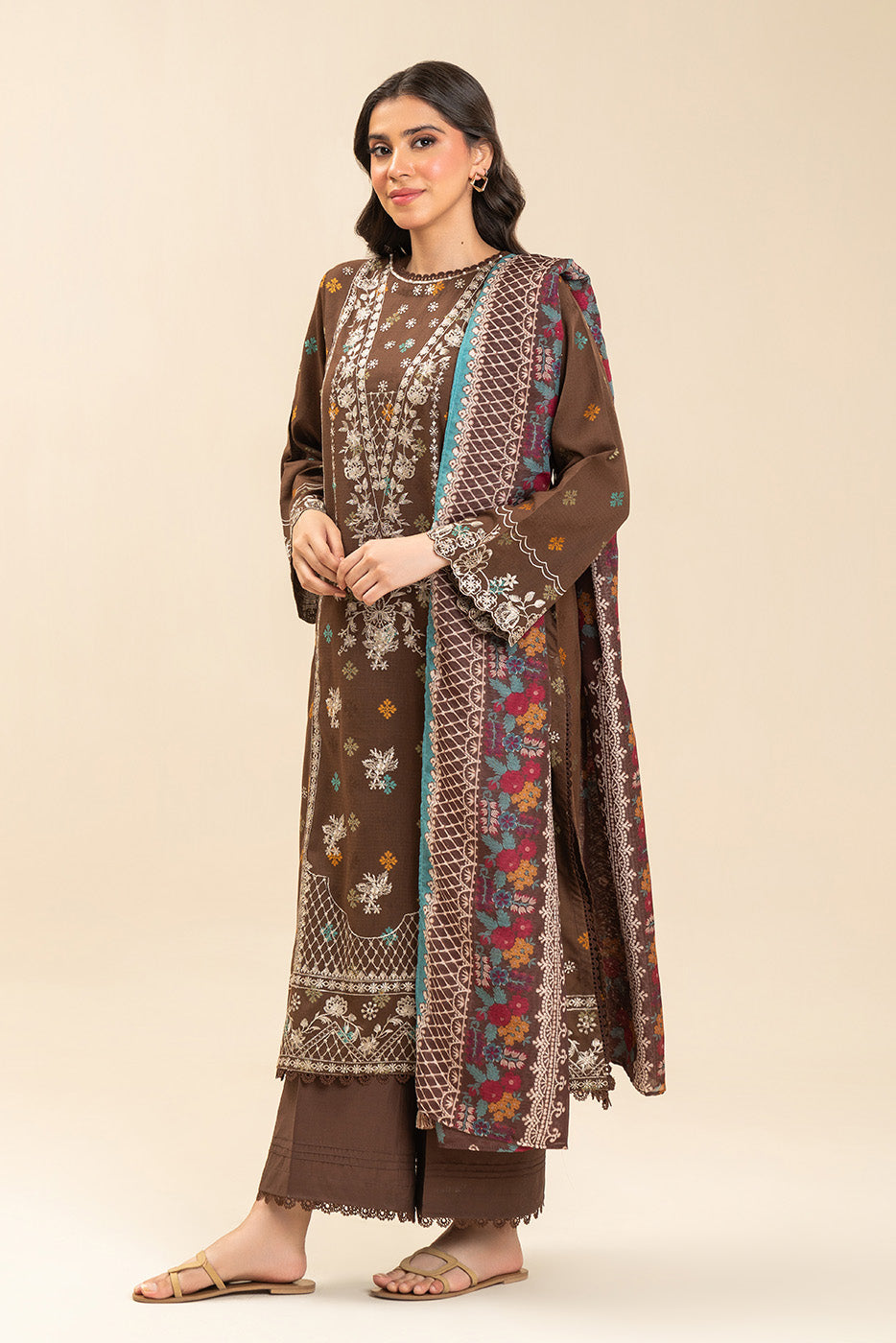 3 PIECE EMBROIDERED JACQUARD SUIT-RUSTIC BRONZE (UNSTITCHED)