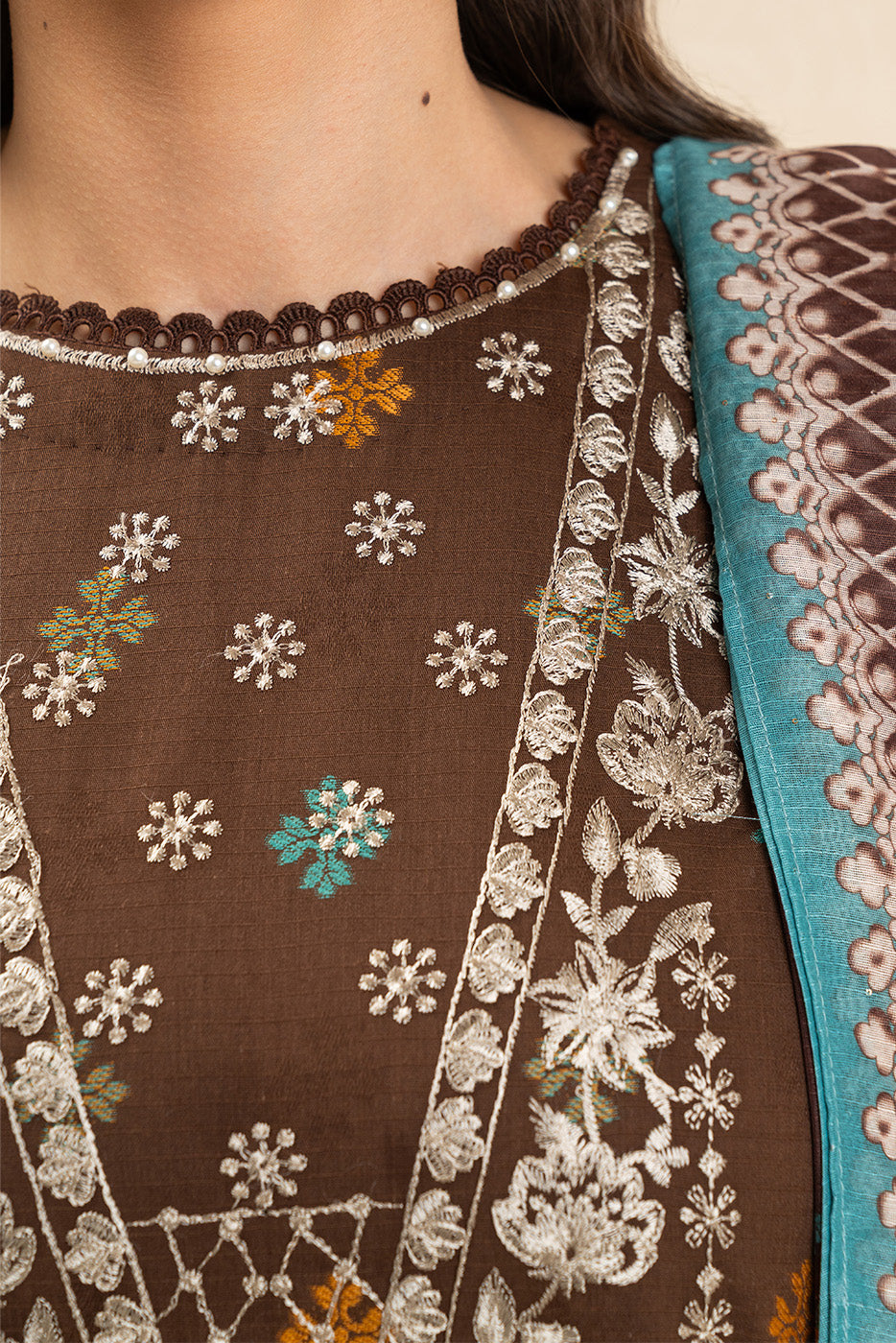 3 PIECE EMBROIDERED JACQUARD SUIT-RUSTIC BRONZE (UNSTITCHED)