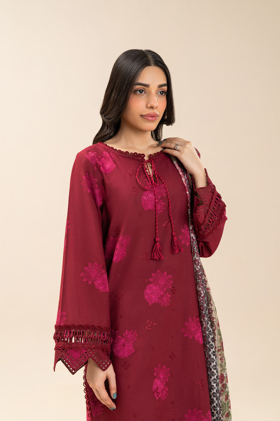 3 PIECE EMBROIDERED JACQUARD SUIT-CARMINE PETAL (UNSTITCHED)