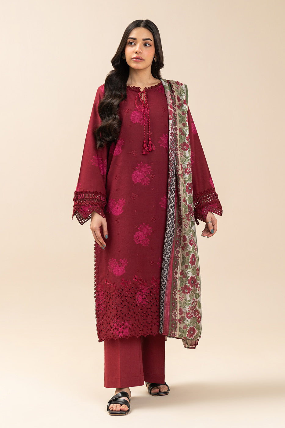 3 PIECE EMBROIDERED JACQUARD SUIT-CARMINE PETAL (UNSTITCHED)