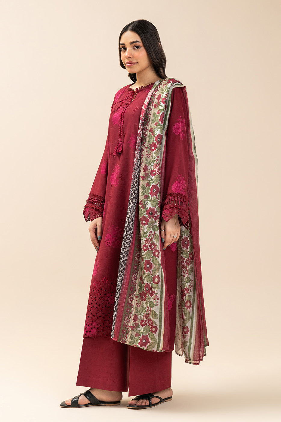 3 PIECE EMBROIDERED JACQUARD SUIT-CARMINE PETAL (UNSTITCHED)
