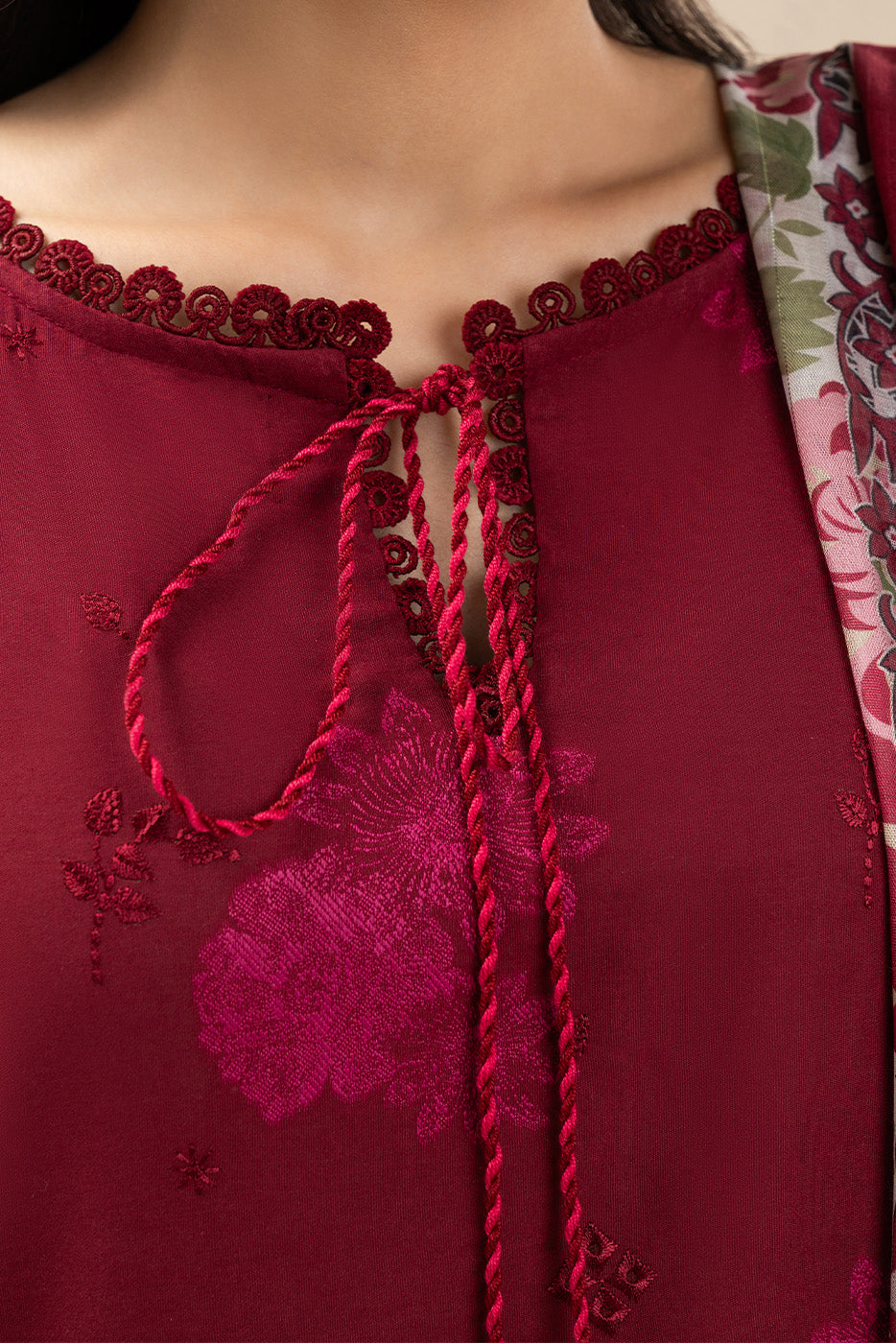 3 PIECE EMBROIDERED JACQUARD SUIT-CARMINE PETAL (UNSTITCHED)