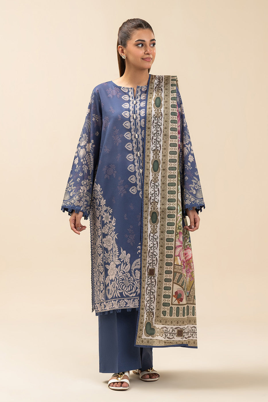 3 PIECE PRINTED LAWN SUIT-SYMPHONY BLUE (UNSTITCHED)