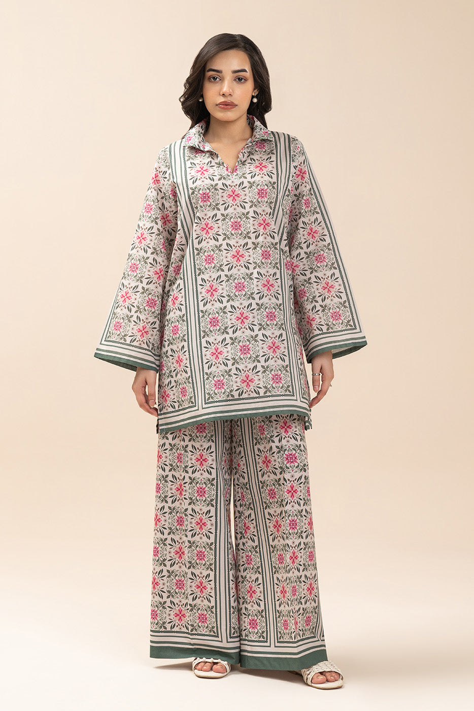 2 PIECE PRINTED LAWN SUIT-OLIVINE MOSAIC (UNSTITCHED)