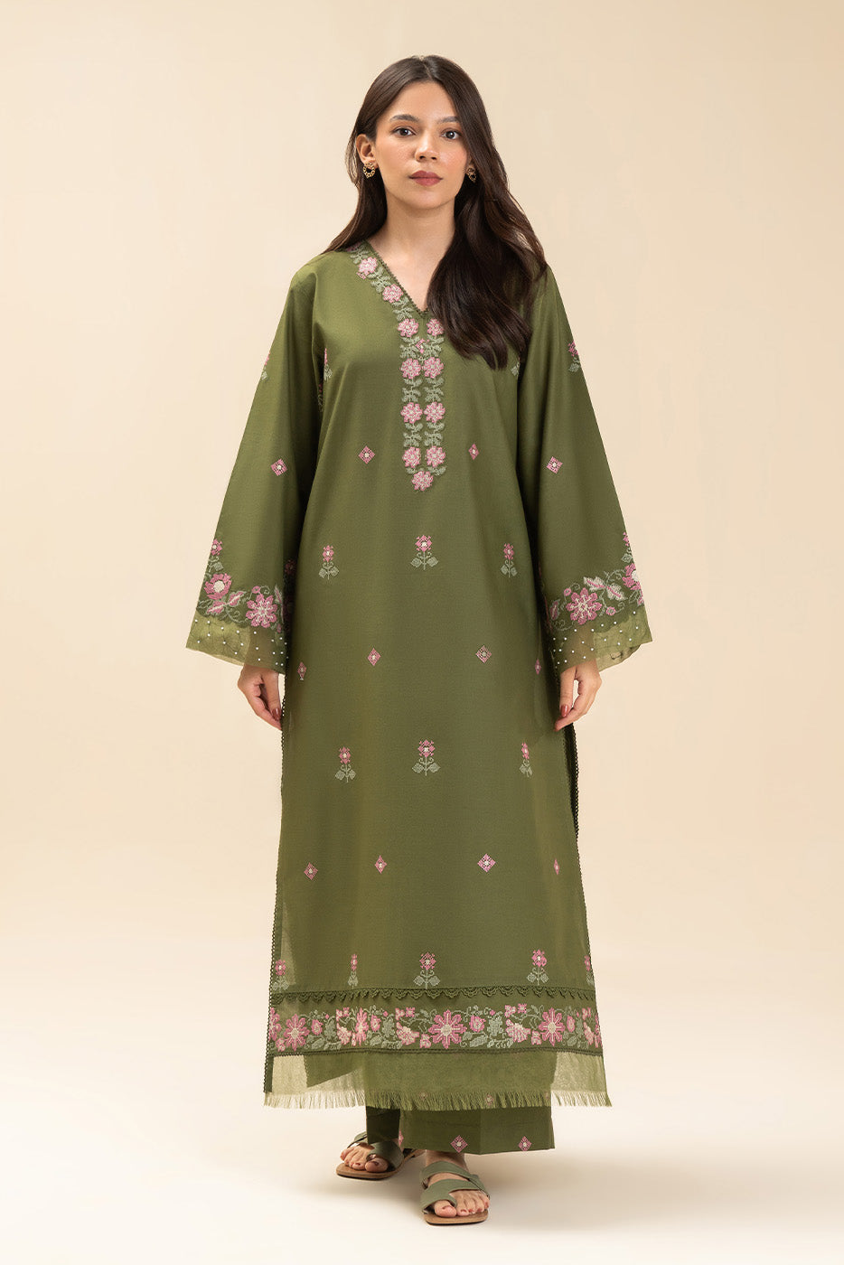 2 PICE EMBROIDERED LAWN SUIT-OLIVE VOYAGE (UNSTITCHED)