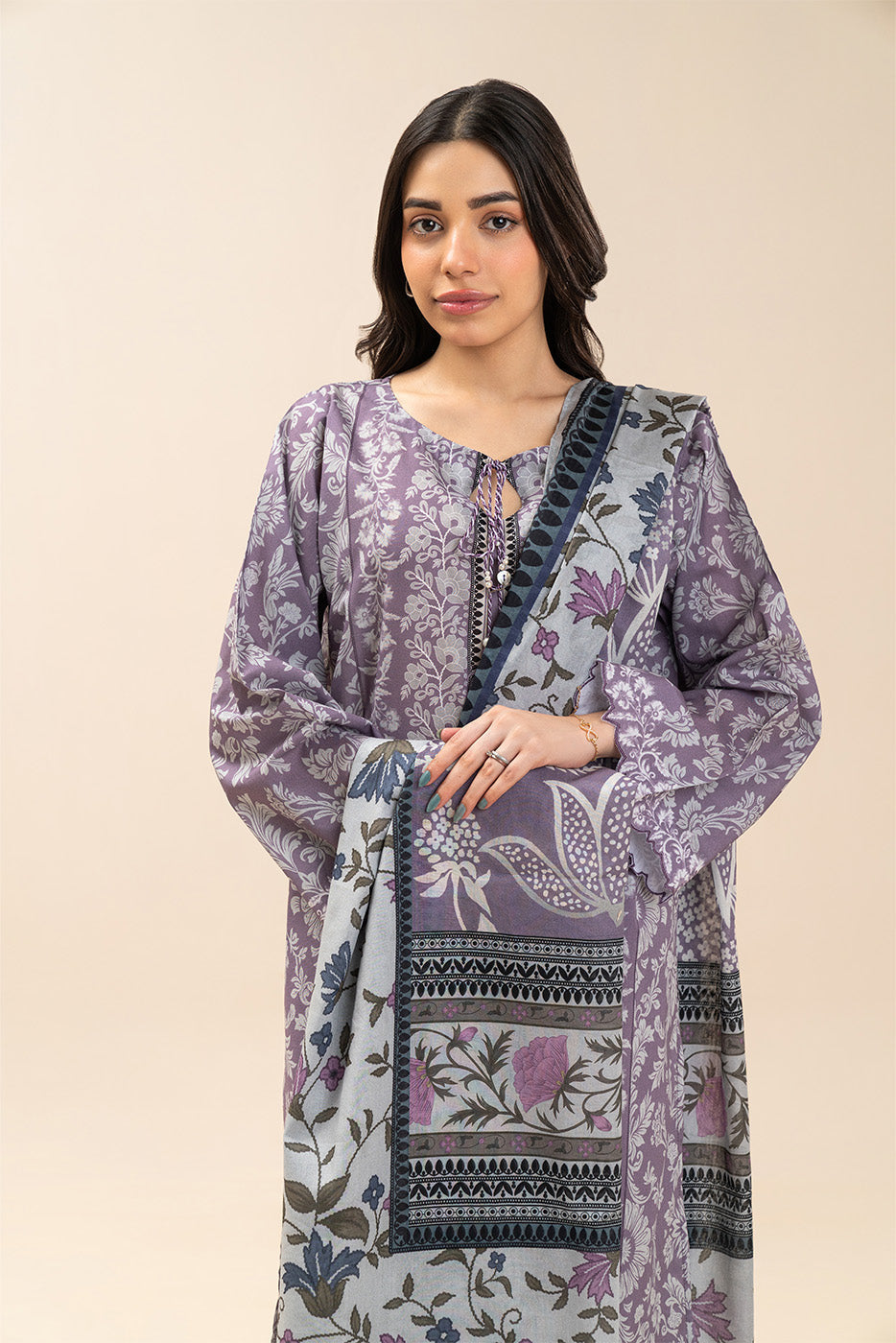 3 PIECE PRINTED LAWN SUIT-LAVENDER CHARM (UNSTITCHED)