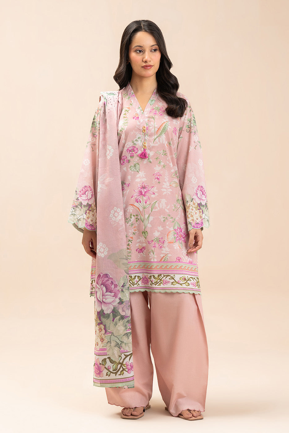 3 PIECE PRINTED LAWN SUIT-ROSY SYMPHONY (UNSTITCHED)