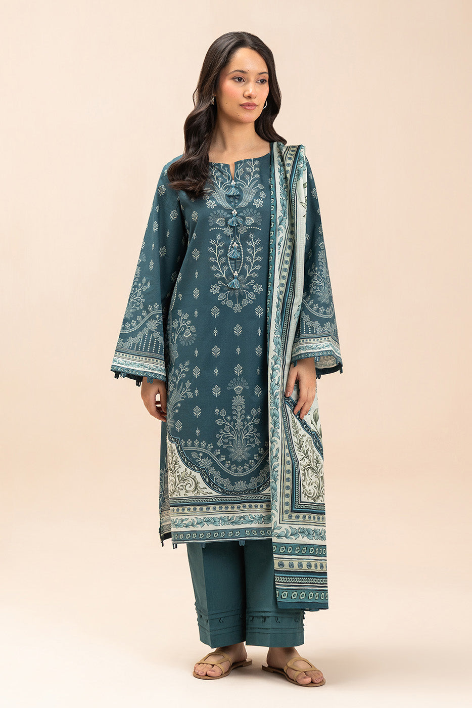 3 PIECE PRINTED LAWN SUIT-MYSTIC TEAL (UNSTITCHED)