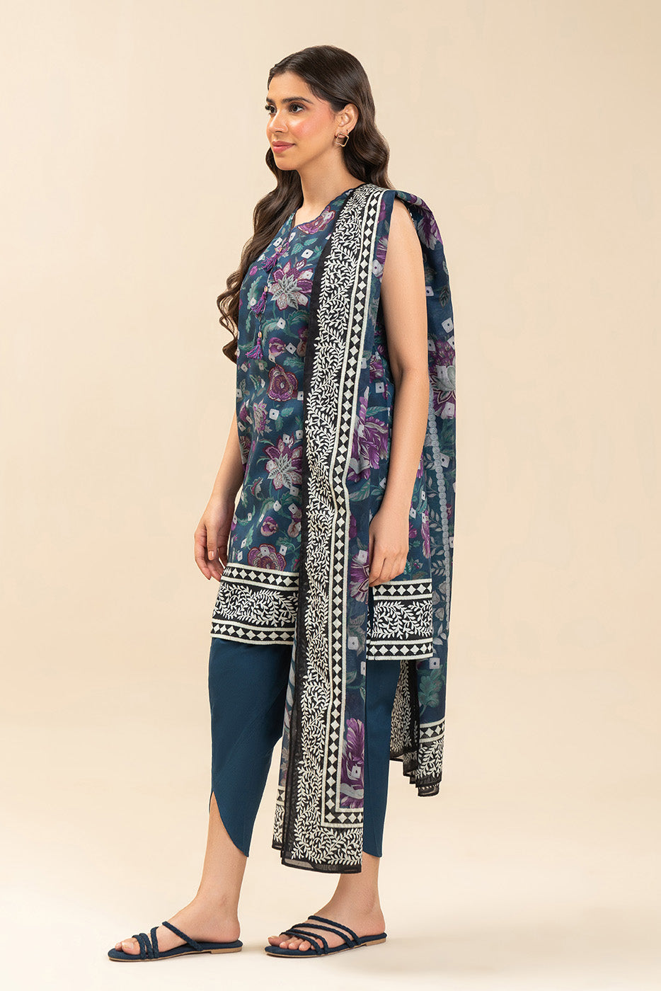 3 PIECE PRINTED LAWN SUIT-COASTAL SPRAY (UNSTITCHED)