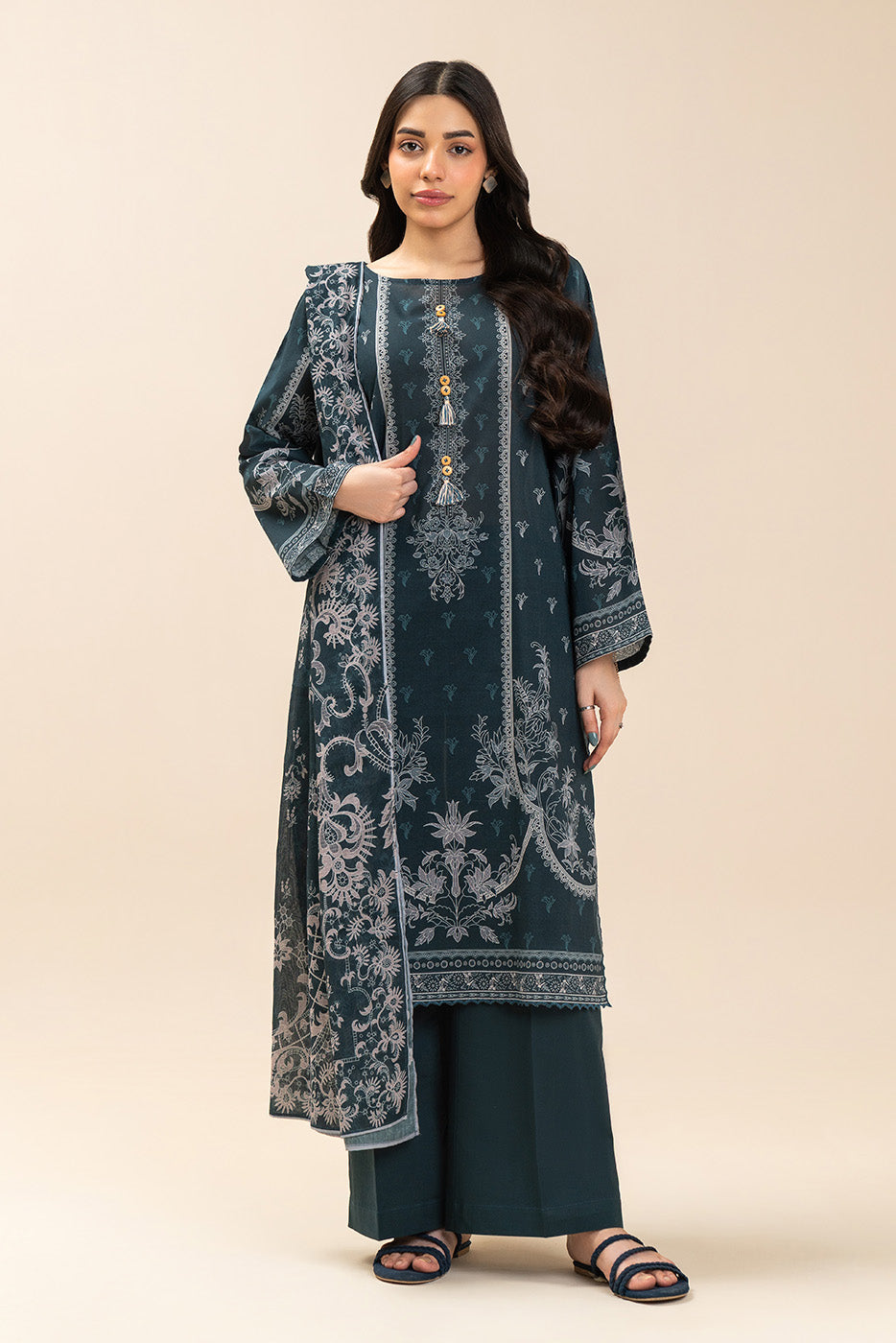 3 PIECE PRINTED LAWN SUIT-TEAL TRANSITION (UNSTITCHED)