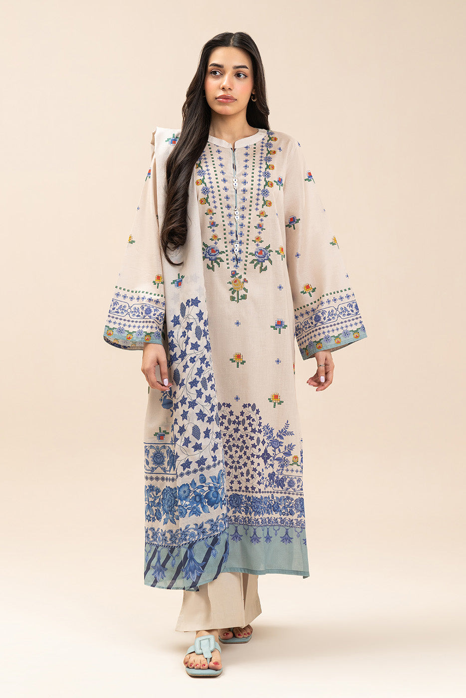 3 Piece Printed Lawn Suit-Cross Blue (Unstitched)