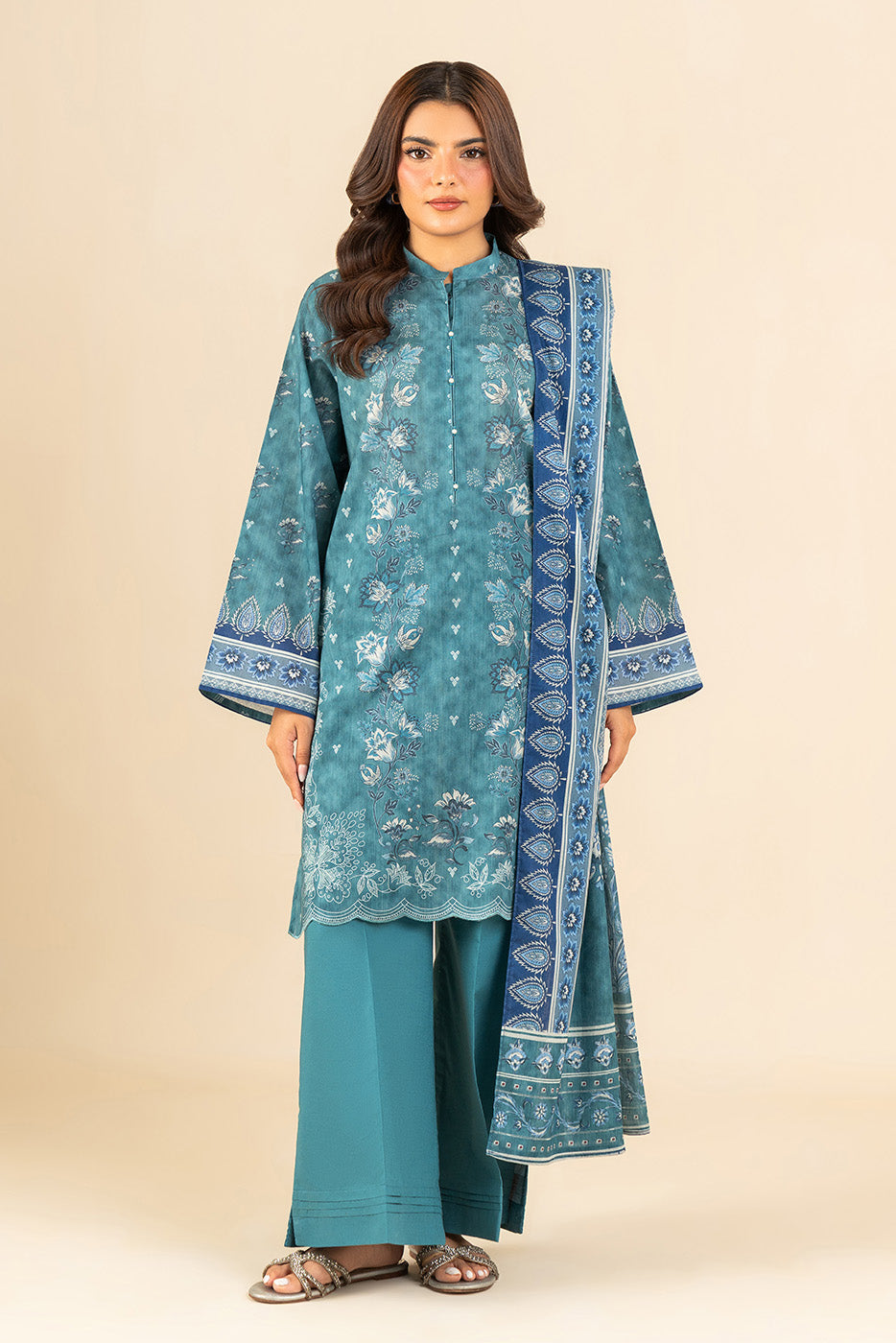 3 PIECE PRINTED LAWN SUIT-TURQUESA TEAL (UNSTITCHED)