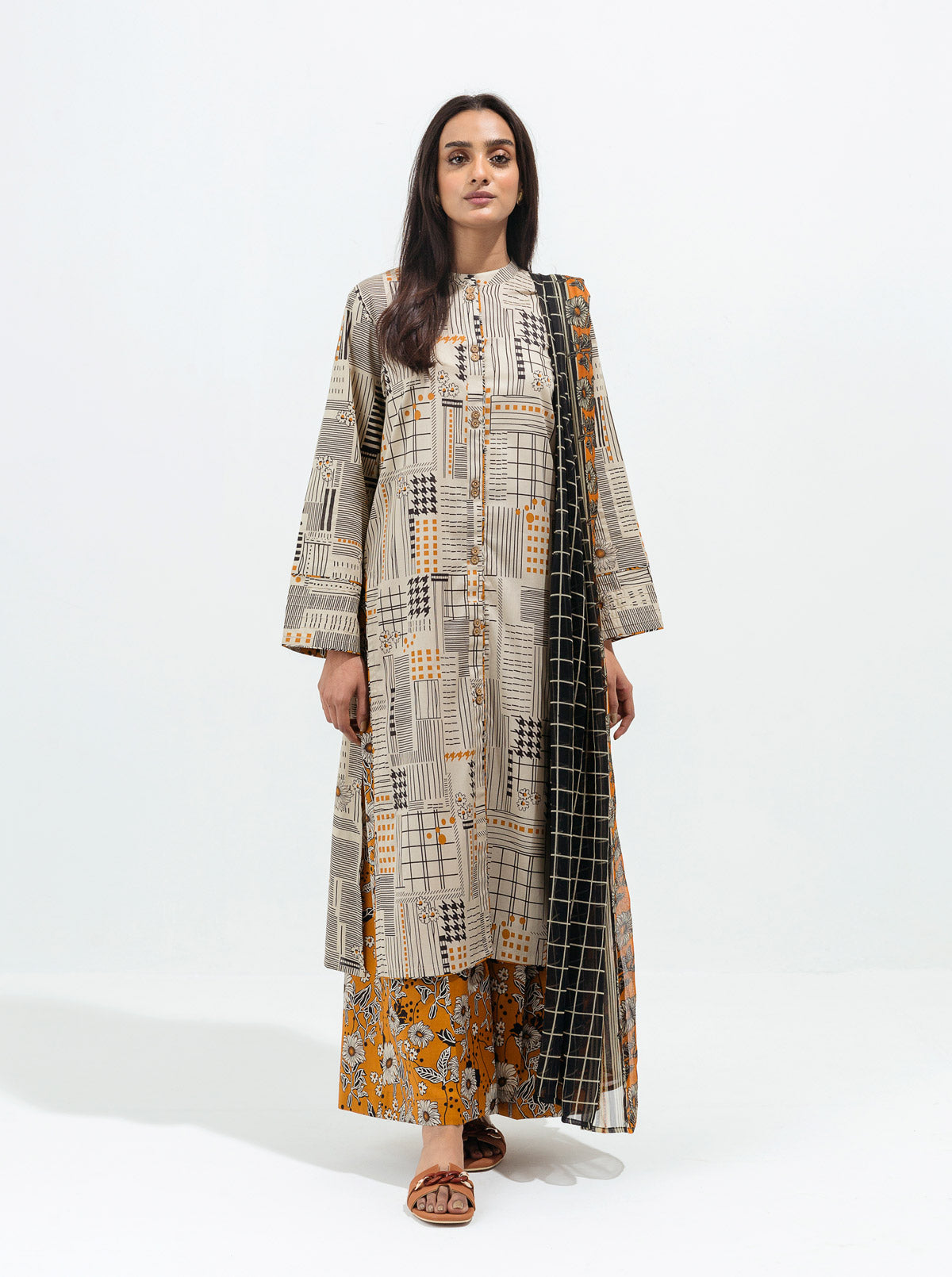 Geometric Twist-Printed-3P (UNSTITCHED)BT1S22U58-BEIGE-2000000188204-3P