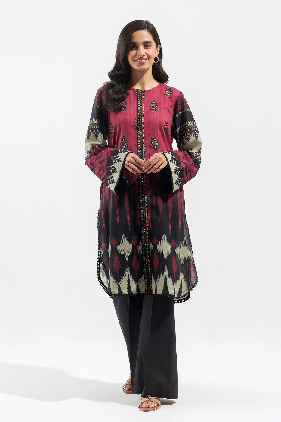 1 Piece - Printed Lawn Shirt - Burgundy Ikat (Unstitched)