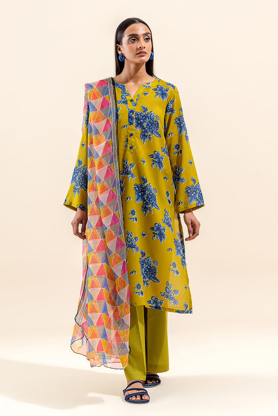 3 Piece Printed Lawn Suit-Lime Azure (Unstitched)