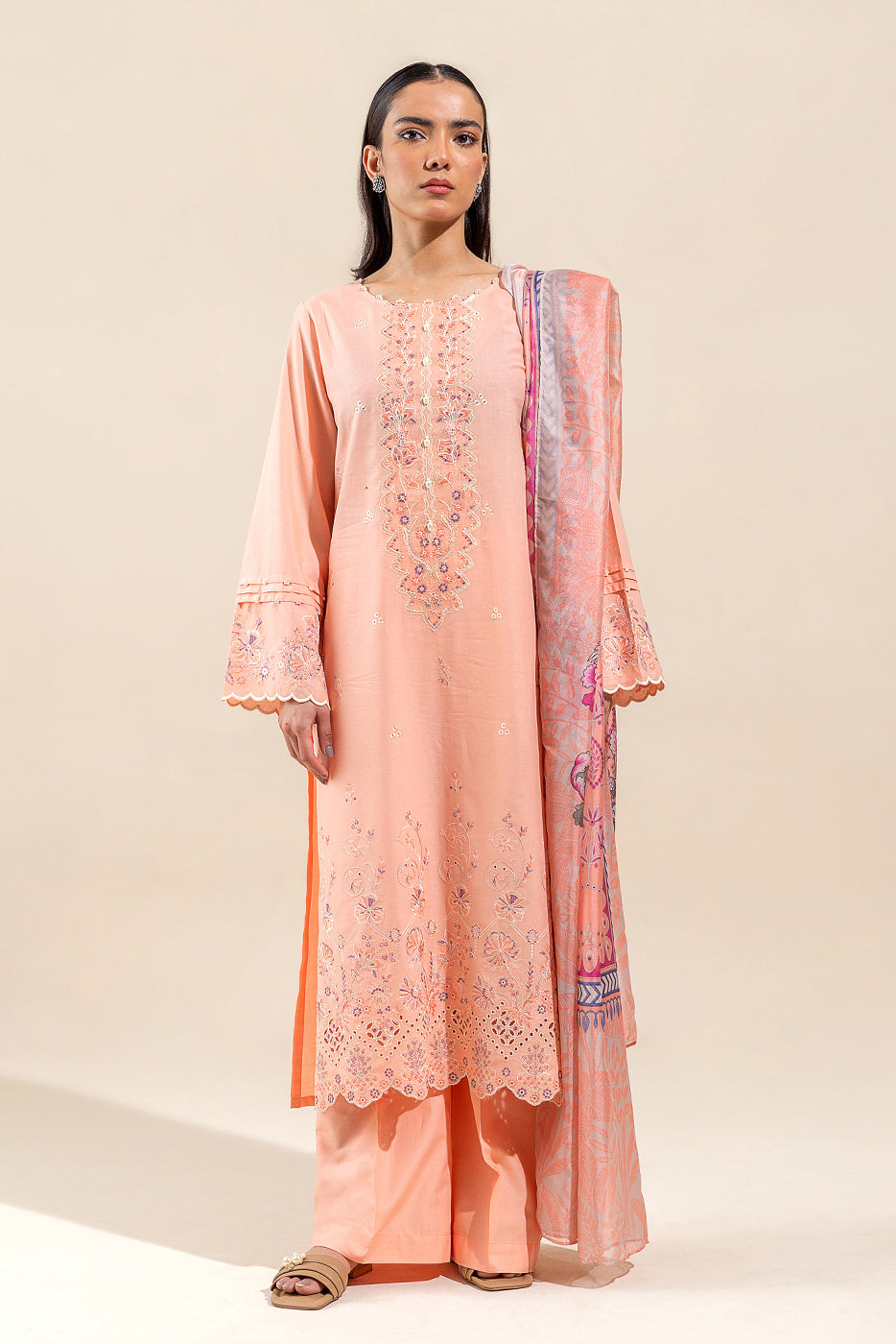 3 Piece Embroidered Lawn Suit-Cantaloupe Musk (Unstitched)