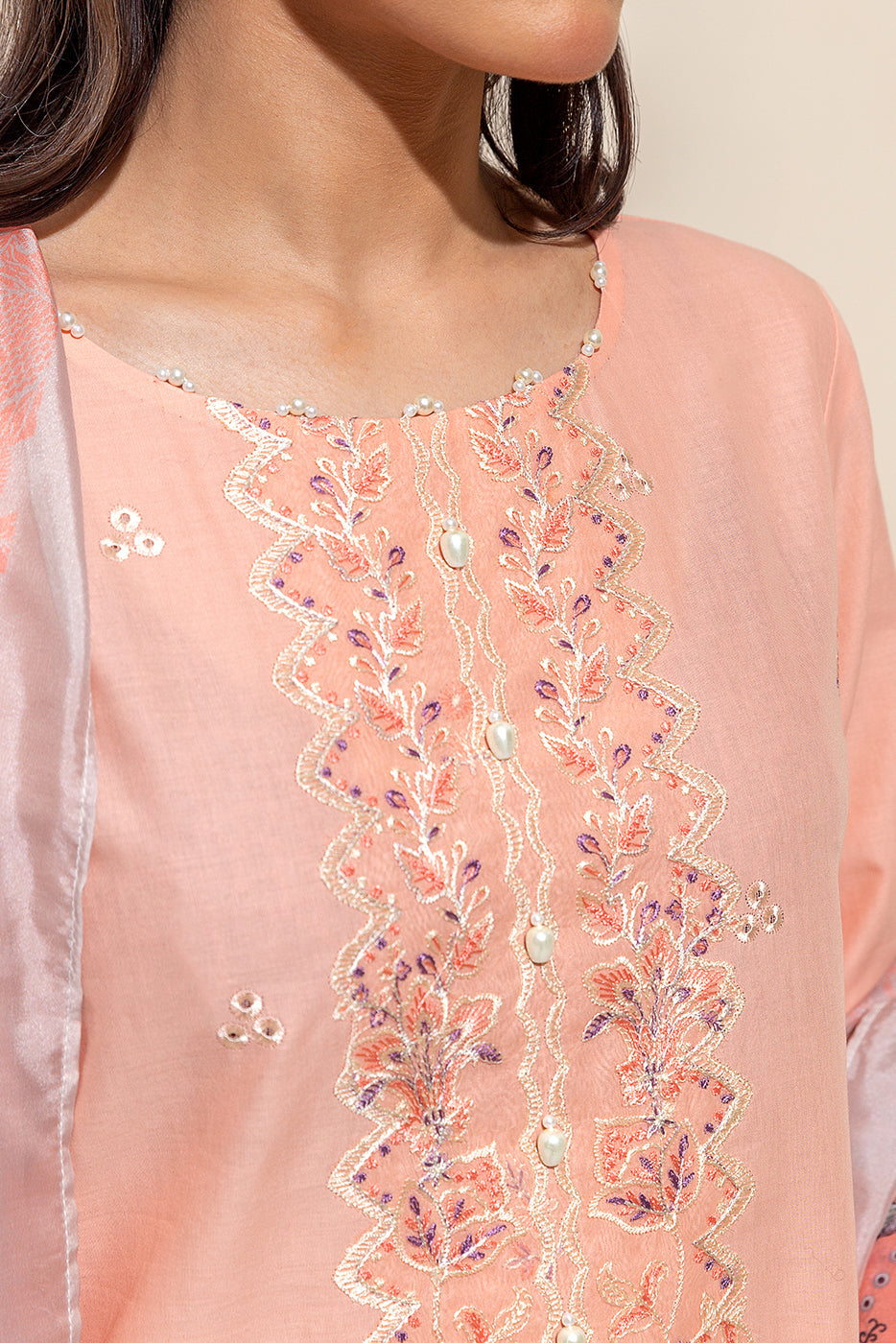 3 Piece Embroidered Lawn Suit-Cantaloupe Musk (Unstitched)