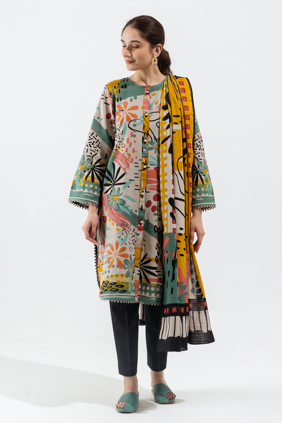 2 Piece - Printed Khaddar Suit - Bold Tropical