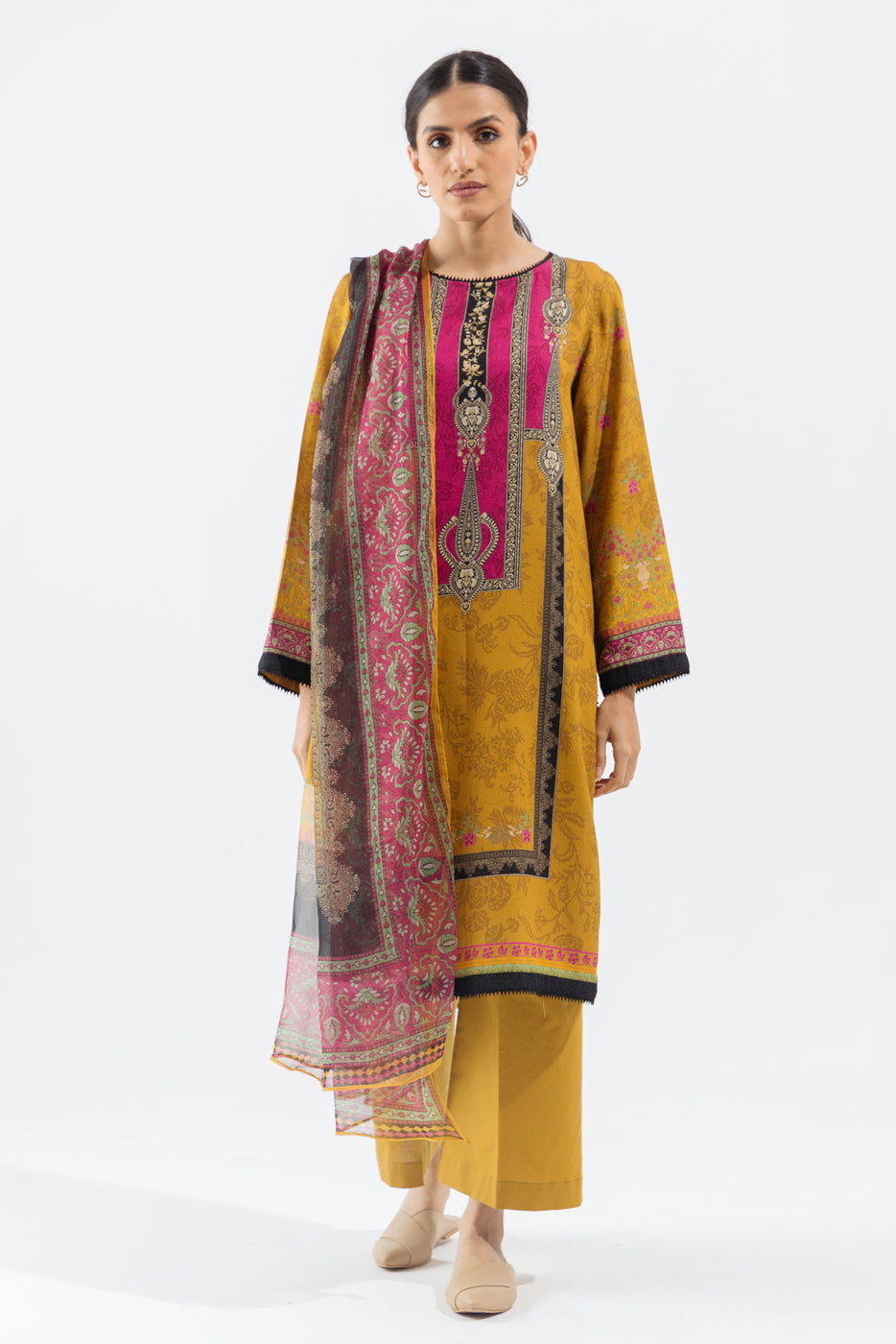 3 Piece - Printed Karandi Suit - Vibrant Marigold (Unstitched)