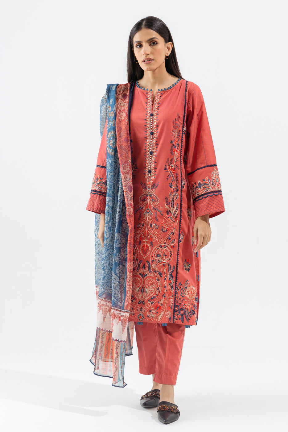 3 Piece - Embroidered Khaddar Suit - Chic Coral