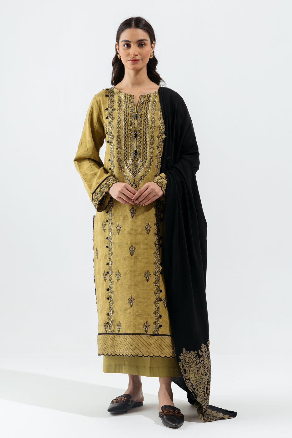 3 Piece - Embroidered Jacquard Suit - Endive Green