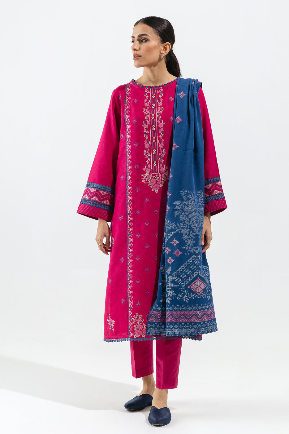 3 Piece - Embroidered Jacquard Suit - Magical Magenta