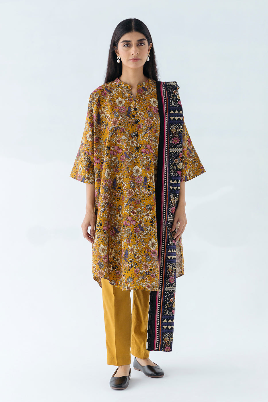2 Piece - Printed Khaddar Suit - Amber Glow (Unstitched)